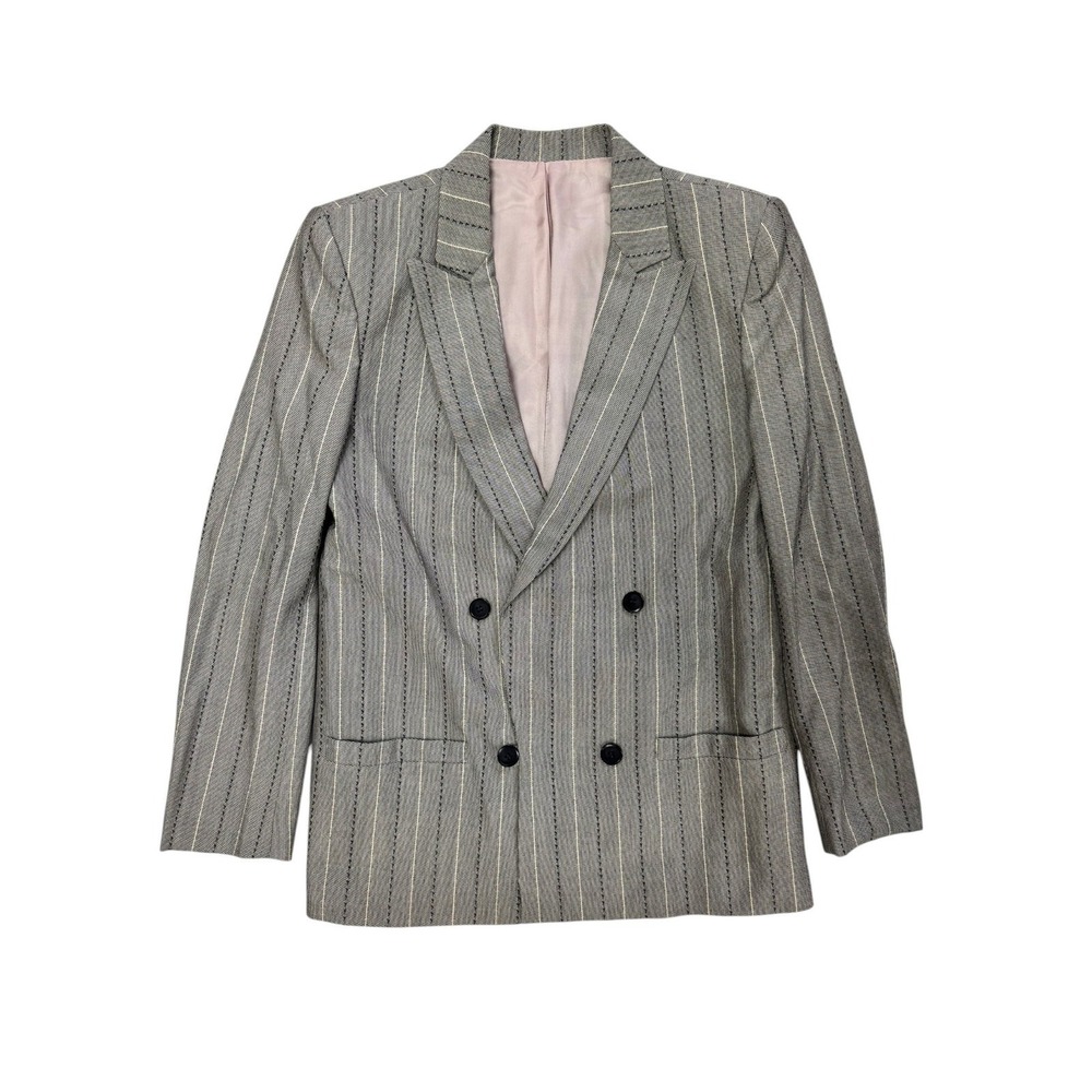 Tahari Women's Gray Pinstripe Double Breasted Blazer 100% Wool Vintage Style